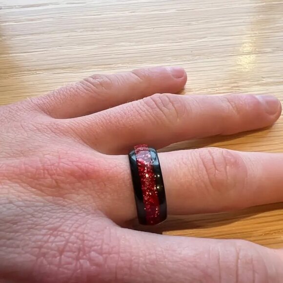 Set of 6 Modern Wood & Stone Inlaid Titanium Steel Ring - Simple Style, Size 9. - Picture 6 of 6